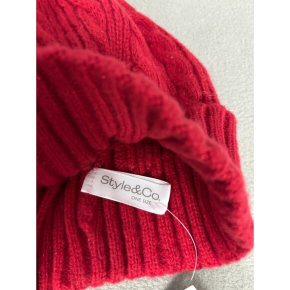 Style & Co. Red Cable Knit Shine Beanie With Pom Pom One Size Recycled Poly NWTs - Picture 6 of 7